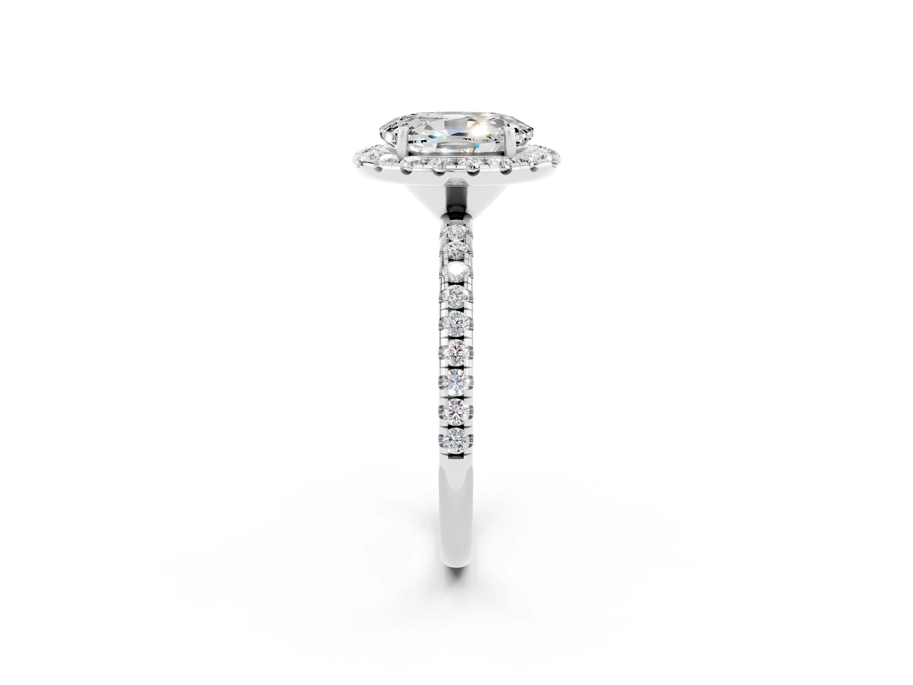 White gold Oval Cut Cut Diamond Floral Halo Engagement Ring with Pavé Band and Prong Setting_2