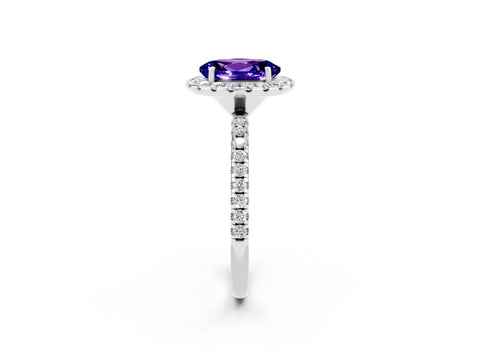 White gold Oval Cut Cut Diamond Floral Halo Engagement Ring with Pavé Band and Prong Setting_2