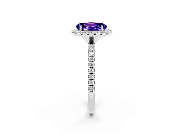 White gold Oval Cut Tanzanite Halo Engagement Ring with Round Pavé Band and Prong Setting