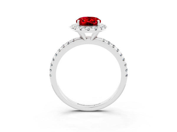 Silver Oval Cut Cut Diamond Floral Halo Engagement Ring with Pavé Band and Prong Setting