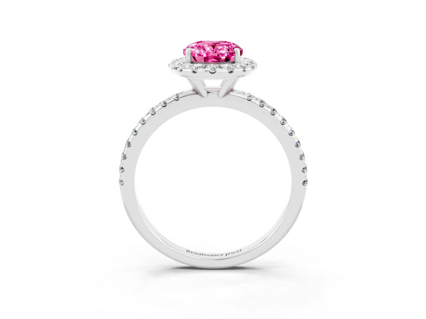 Platinum Oval Cut Cut Diamond Floral Halo Engagement Ring with Pavé Band and Prong Setting
