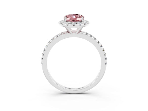 Silver Oval Cut Cut Diamond Floral Halo Engagement Ring with Pavé Band and Prong Setting