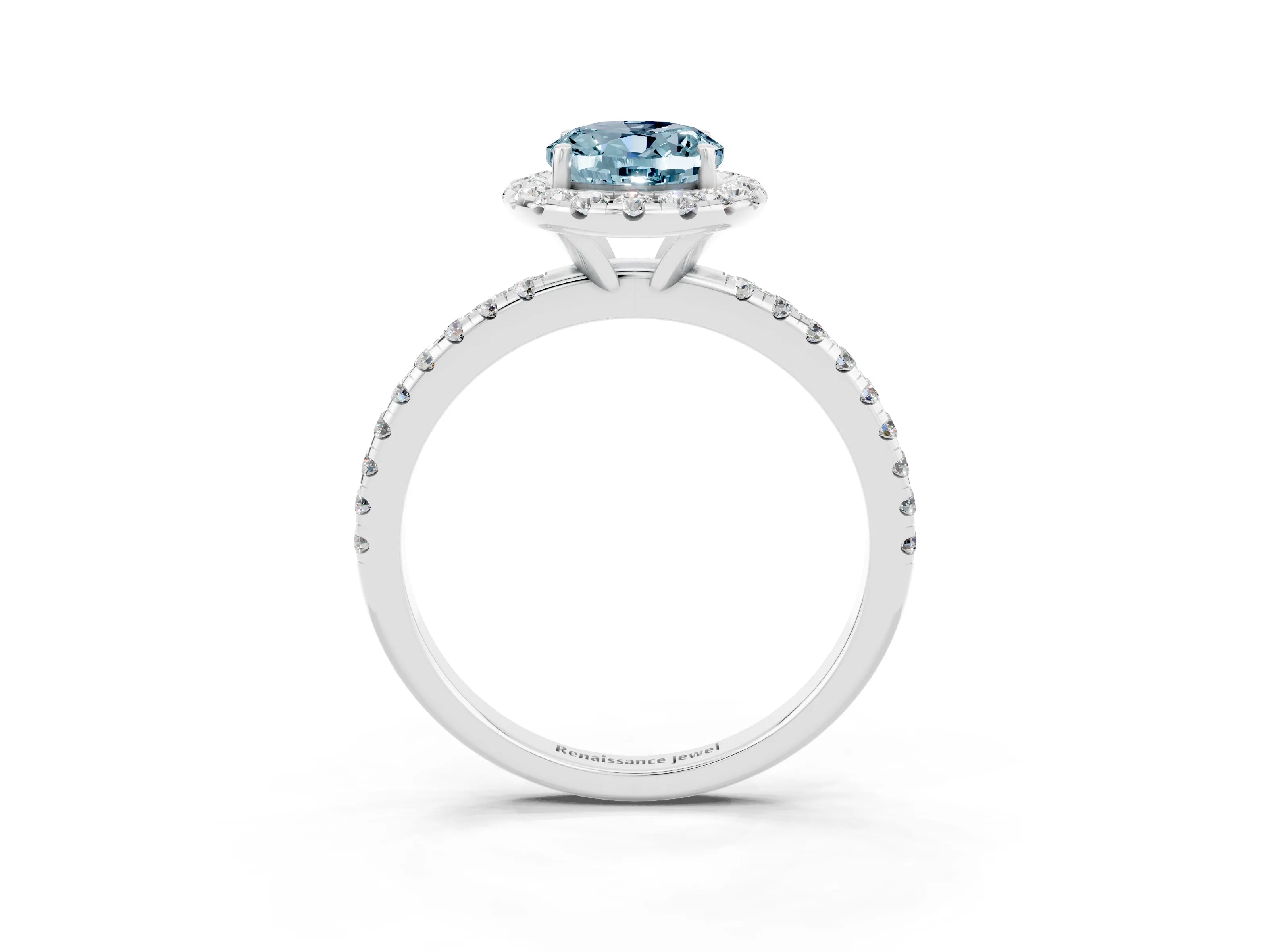 White gold Oval Cut Cut Diamond Floral Halo Engagement Ring with Pavé Band and Prong Setting_3