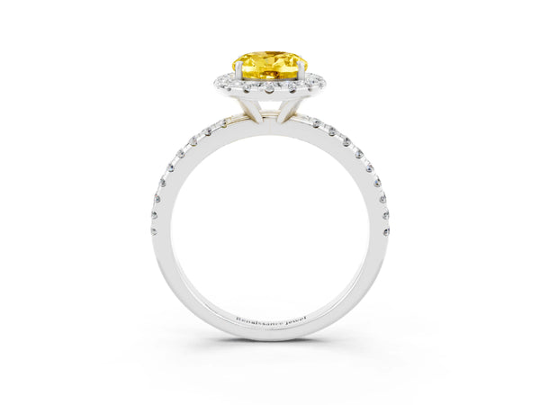 White gold Oval Cut Yellow Sapphire Halo Engagement Ring with Round Pavé Band and Prong Setting