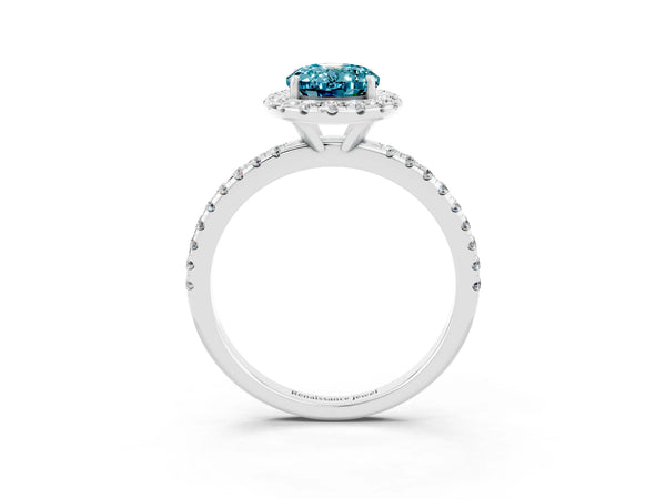 Platinum Oval Cut Cut Diamond Floral Halo Engagement Ring with Pavé Band and Prong Setting