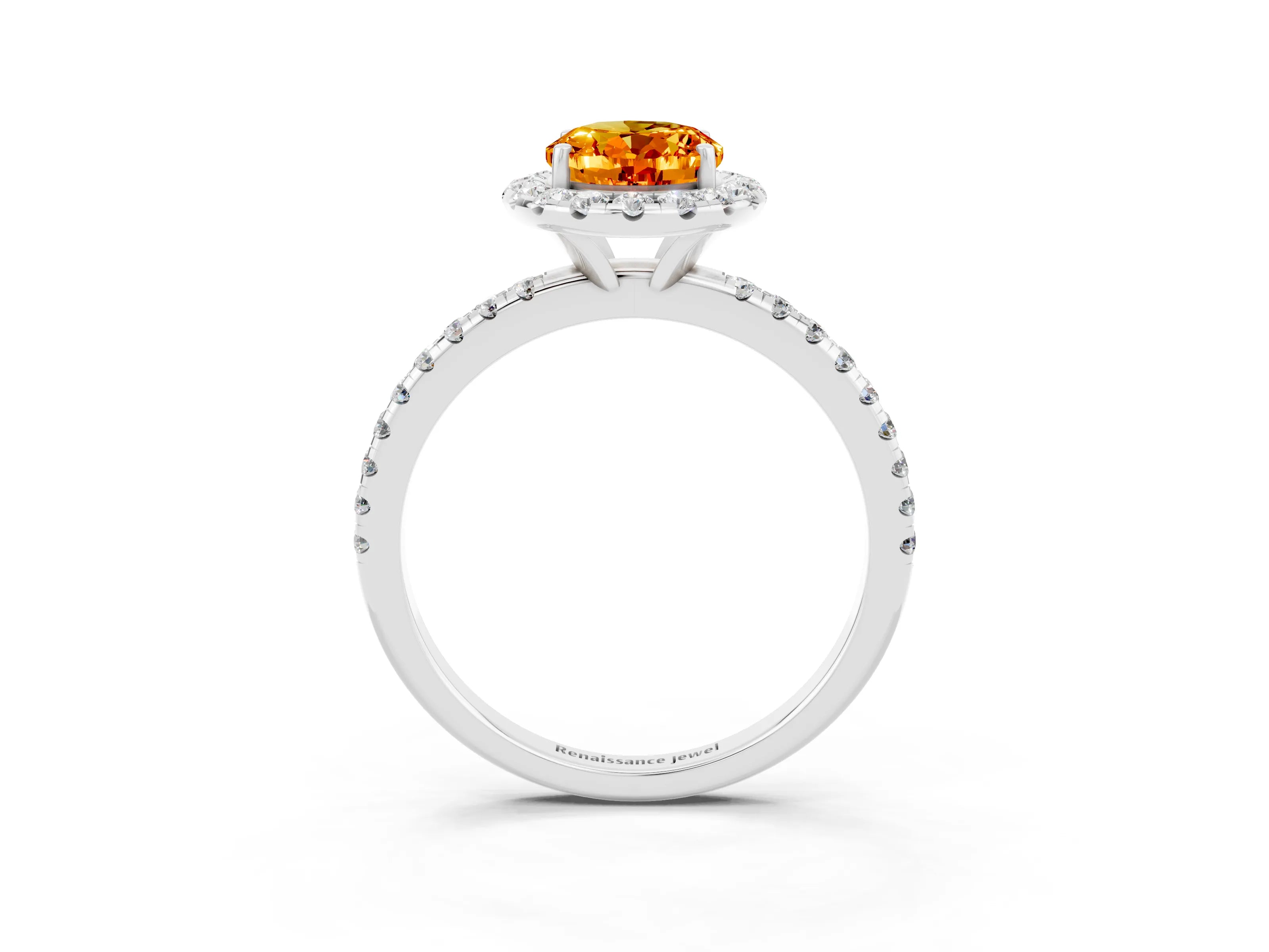 White gold Oval Cut Cut Diamond Floral Halo Engagement Ring with Pavé Band and Prong Setting_3