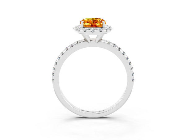 White gold Oval Cut Citrine Halo Engagement Ring with Round Pavé Band and Prong Setting