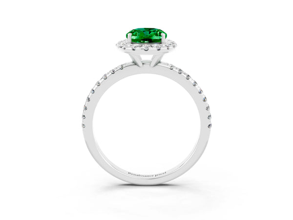 Silver Oval Cut Emerald Halo Engagement Ring with Round Pavé Band and Prong Setting
