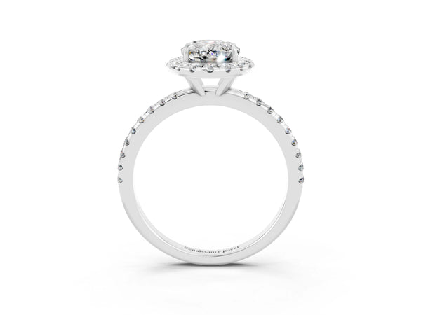 White gold Oval Cut Moissanite Halo Engagement Ring with Round Pavé Band and Prong Setting