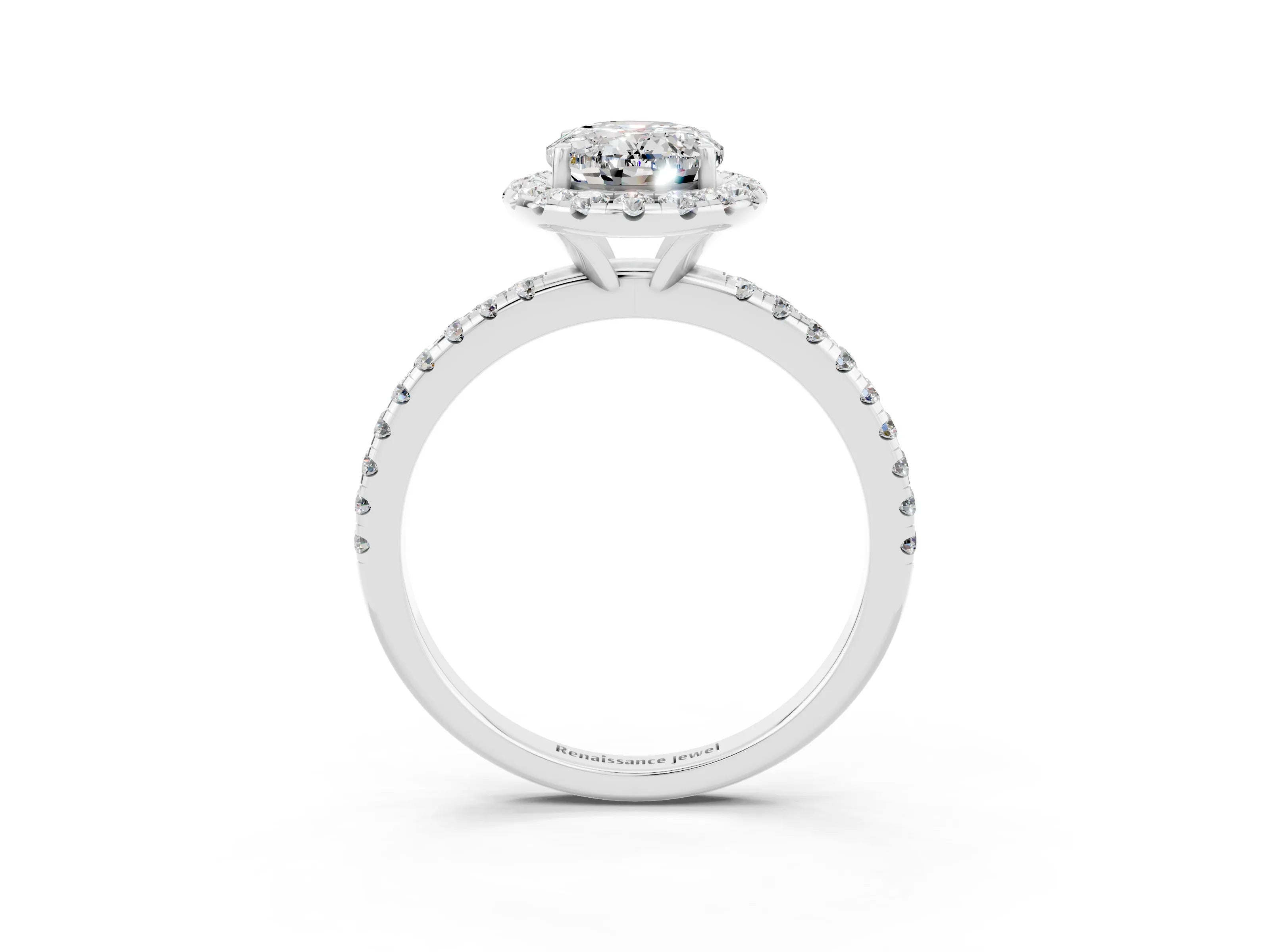 White gold Oval Cut Cut Diamond Floral Halo Engagement Ring with Pavé Band and Prong Setting_3