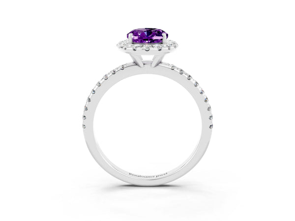 Platinum Oval Cut Cut Diamond Floral Halo Engagement Ring with Pavé Band and Prong Setting