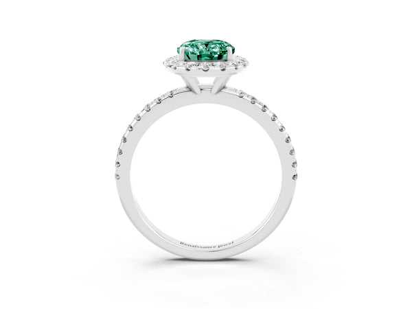 Platinum Oval Cut Green Sapphire Halo Engagement Ring with Round Pavé Band and Prong Setting