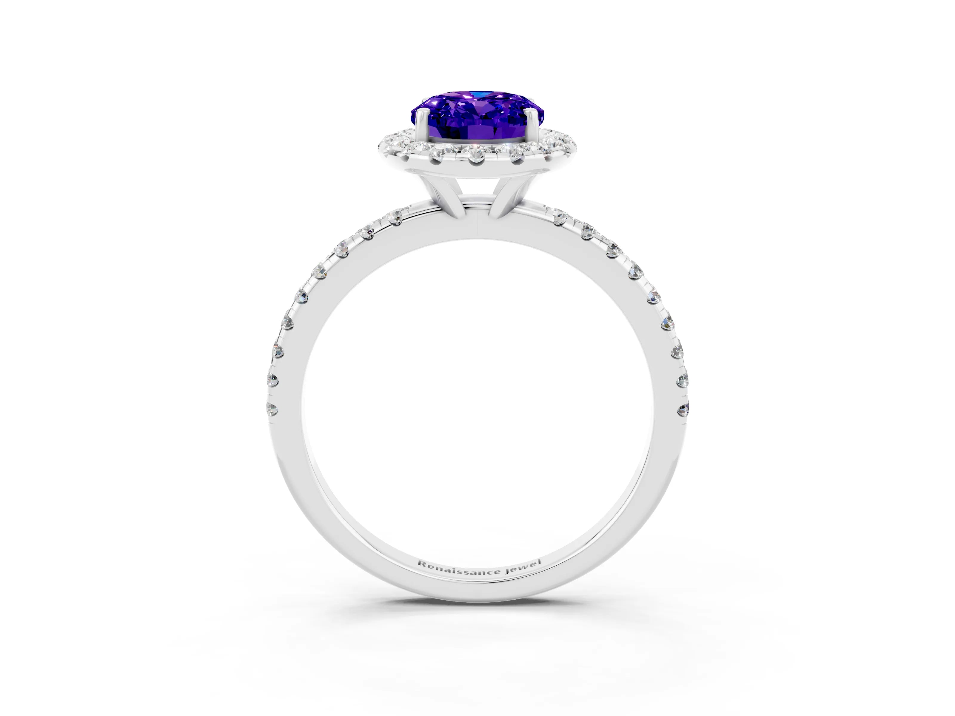 White gold Oval Cut Cut Diamond Floral Halo Engagement Ring with Pavé Band and Prong Setting_3