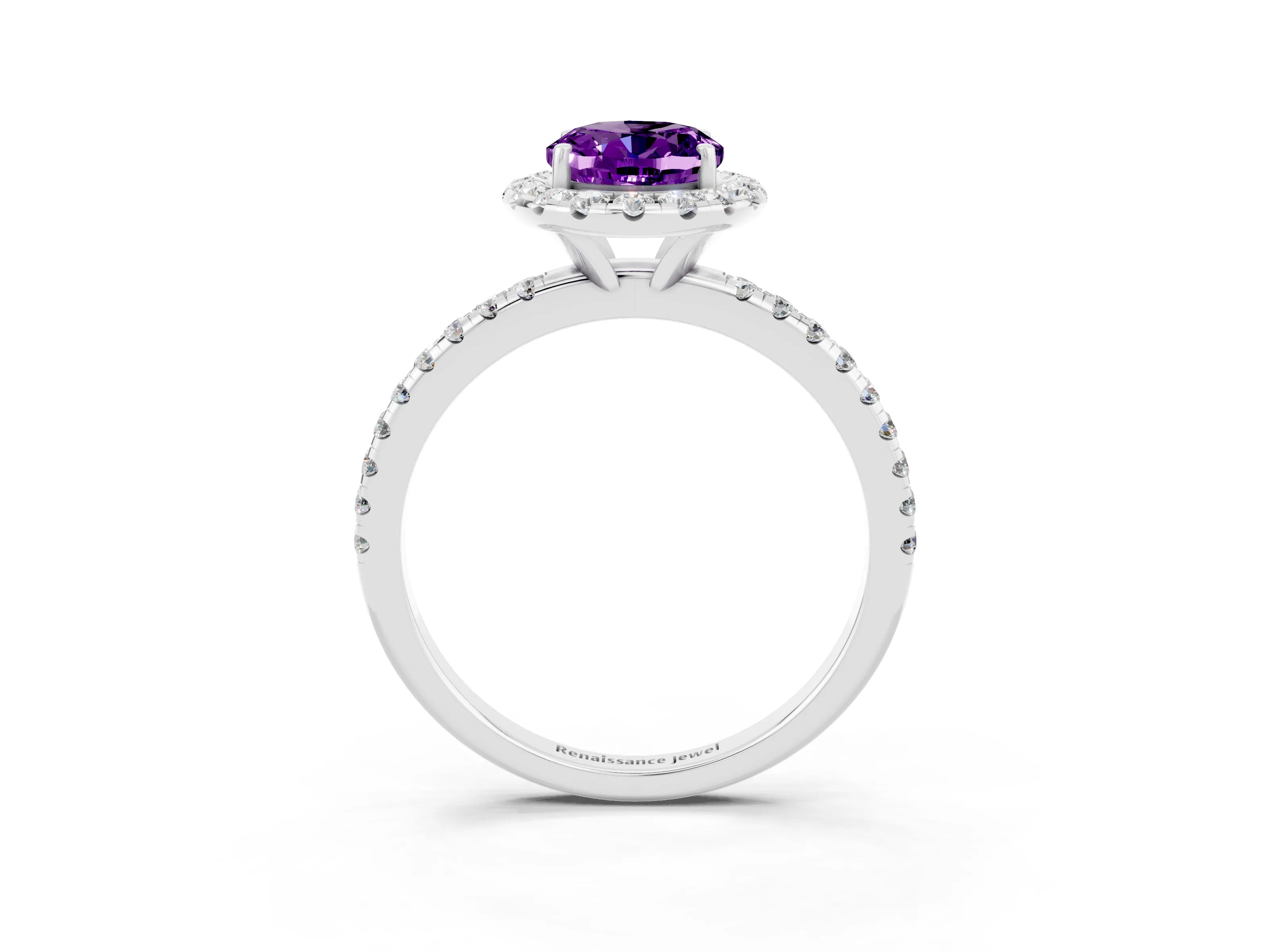 White gold Oval Cut Cut Diamond Floral Halo Engagement Ring with Pavé Band and Prong Setting_3
