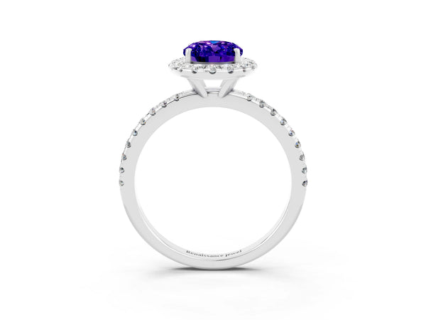 Silver Oval Cut Tanzanite Halo Engagement Ring with Round Pavé Band and Prong Setting