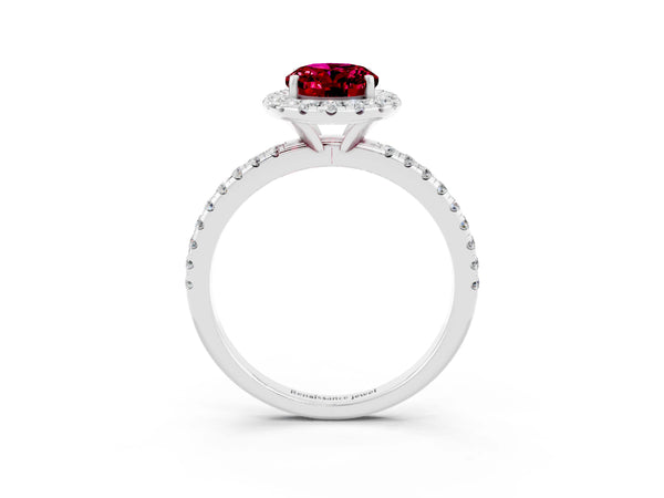 White gold Oval Cut Garnet Halo Engagement Ring with Round Pavé Band and Prong Setting