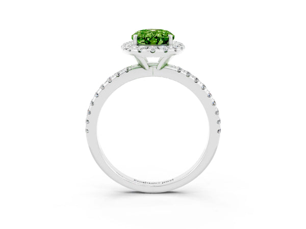 White gold Oval Cut Cut Diamond Floral Halo Engagement Ring with Pavé Band and Prong Setting