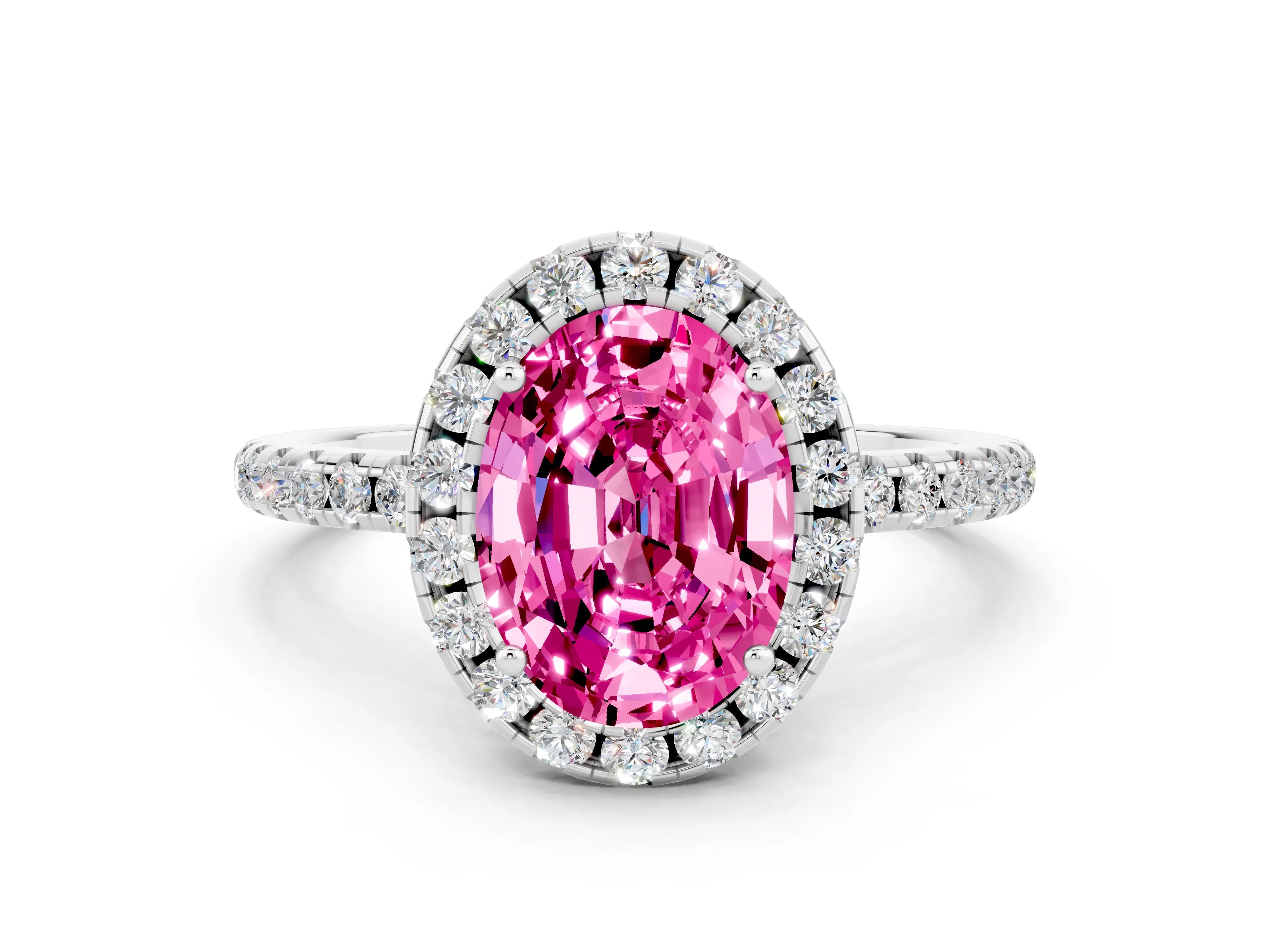 White gold Oval Cut Cut Diamond Floral Halo Engagement Ring with Pavé Band and Prong Setting