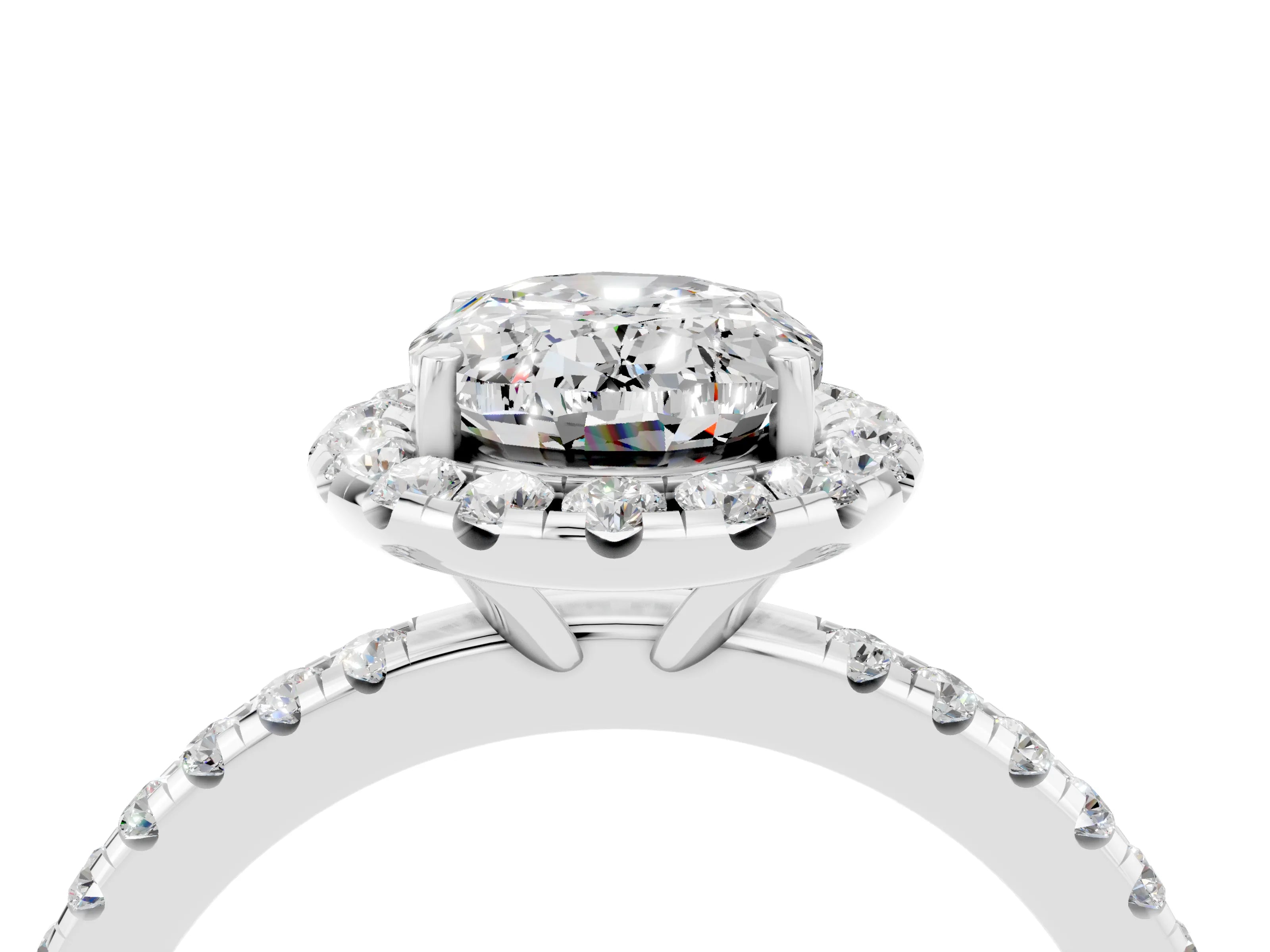 White gold Oval Cut Cut Diamond Floral Halo Engagement Ring with Pavé Band and Prong Setting_4