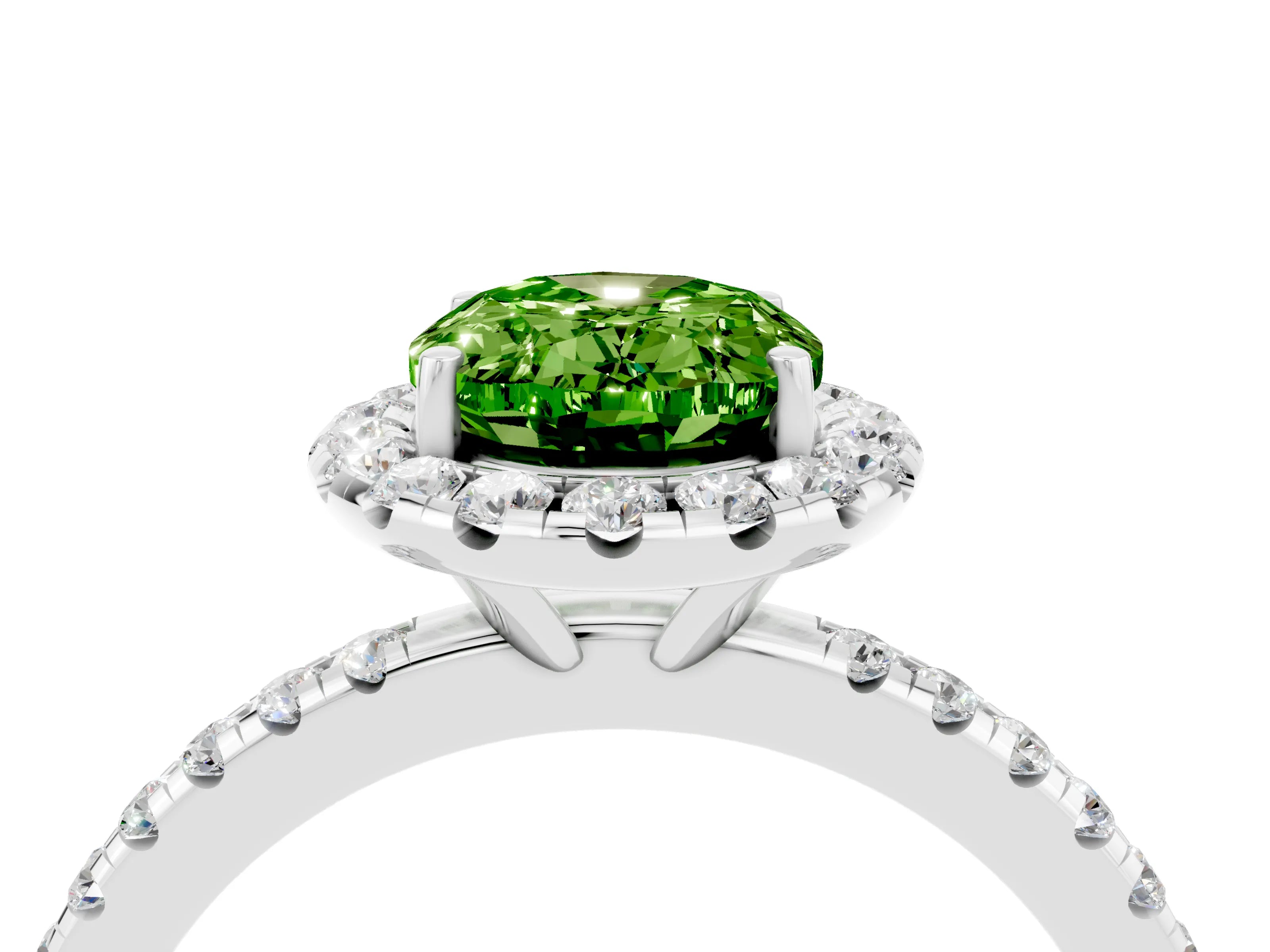 White gold Oval Cut Cut Diamond Floral Halo Engagement Ring with Pavé Band and Prong Setting_4