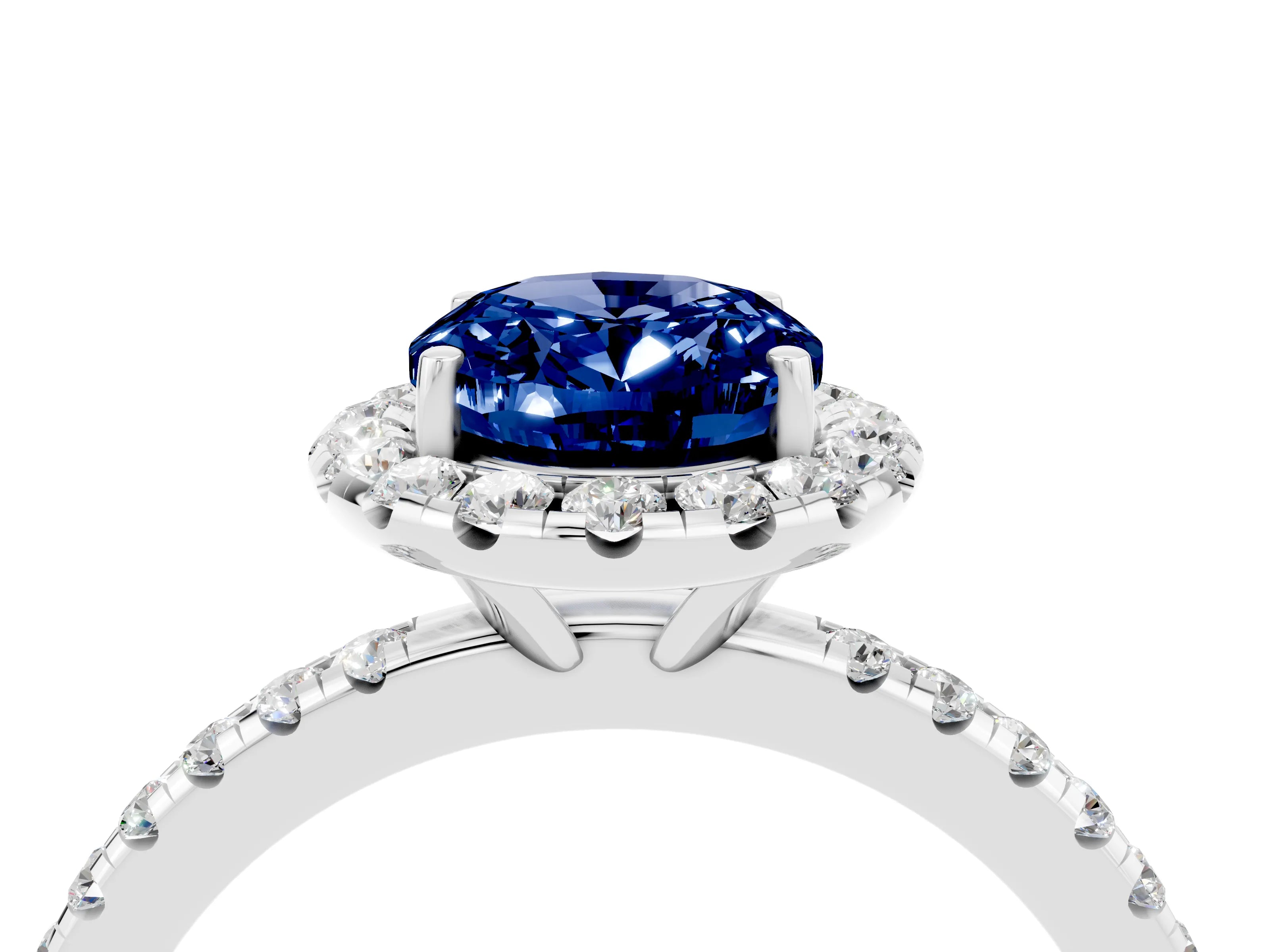 White gold Oval Cut Cut Diamond Floral Halo Engagement Ring with Pavé Band and Prong Setting_4