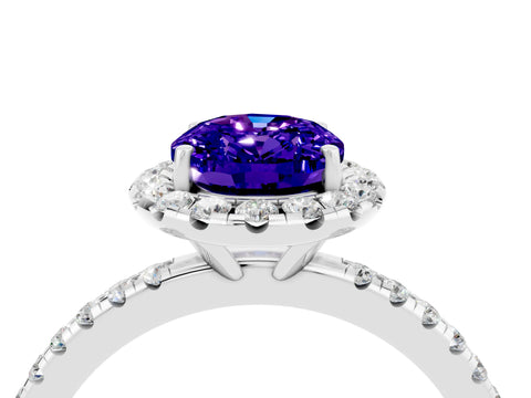 White gold Oval Cut Cut Diamond Floral Halo Engagement Ring with Pavé Band and Prong Setting_4