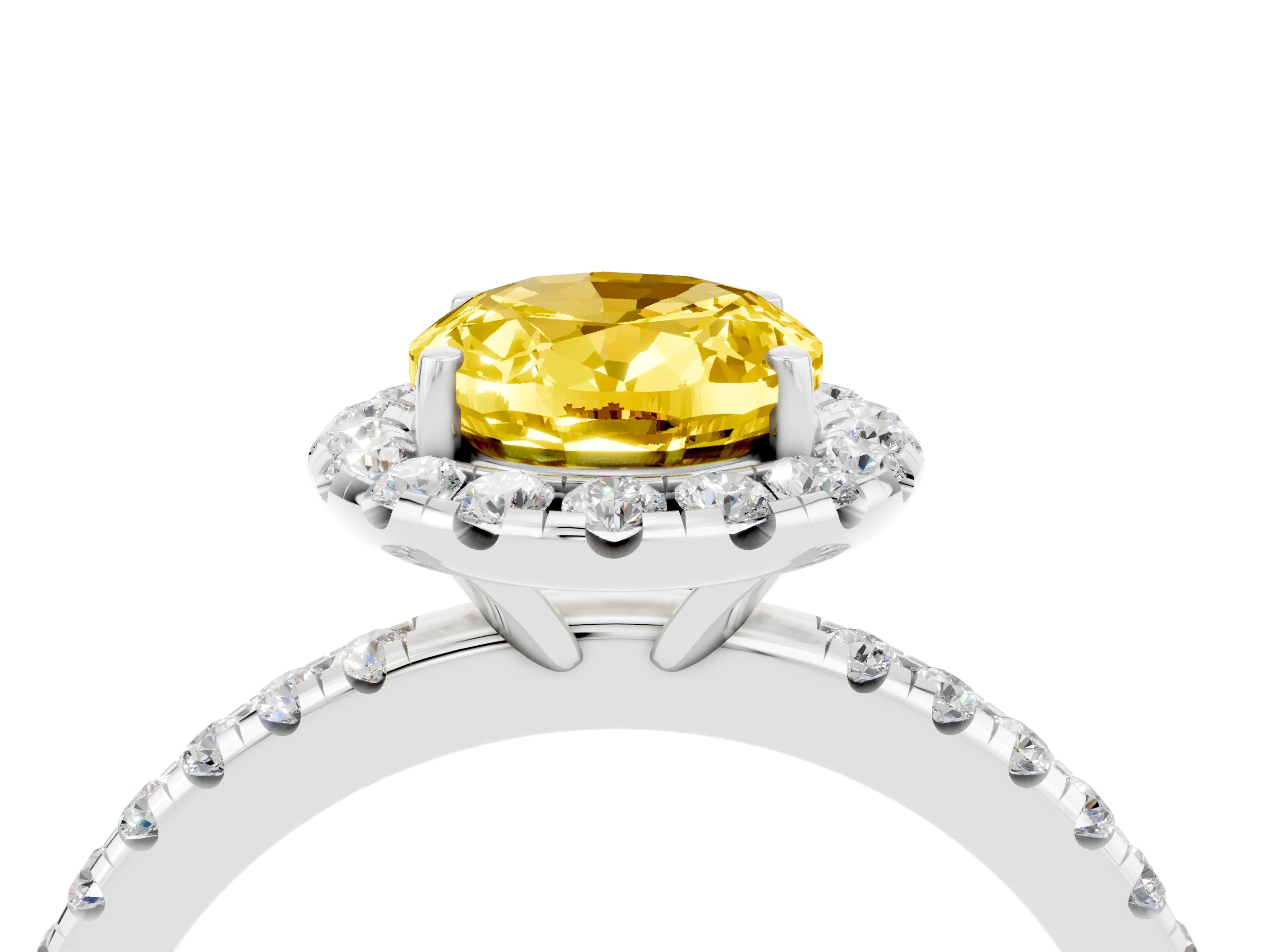 White gold Oval Cut Cut Diamond Floral Halo Engagement Ring with Pavé Band and Prong Setting_4