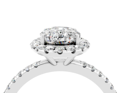 White gold Oval Cut Cut Diamond Floral Halo Engagement Ring with Pavé Band and Prong Setting_4