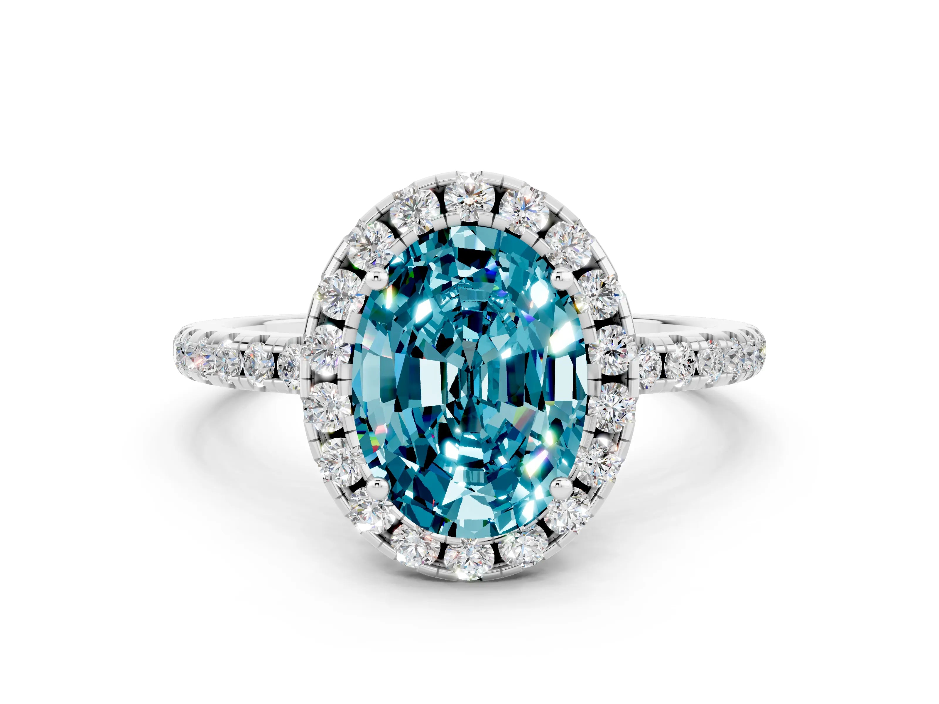 White gold Oval Cut Cut Diamond Floral Halo Engagement Ring with Pavé Band and Prong Setting