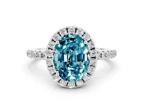 White gold Oval Cut Cut Diamond Floral Halo Engagement Ring with Pavé Band and Prong Setting