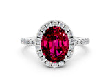 White gold Oval Cut Cut Diamond Floral Halo Engagement Ring with Pavé Band and Prong Setting