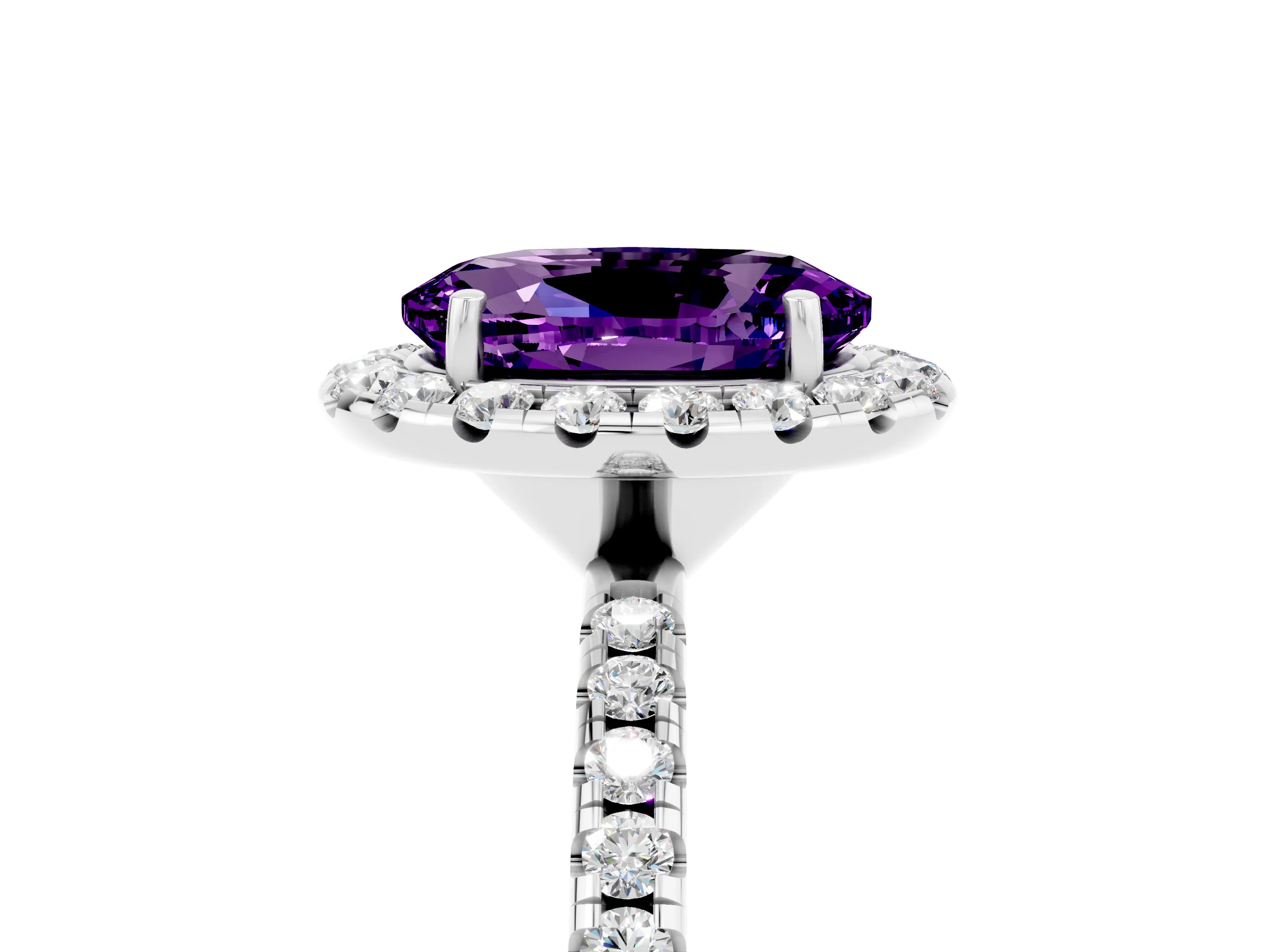 White gold Oval Cut Cut Diamond Floral Halo Engagement Ring with Pavé Band and Prong Setting_5