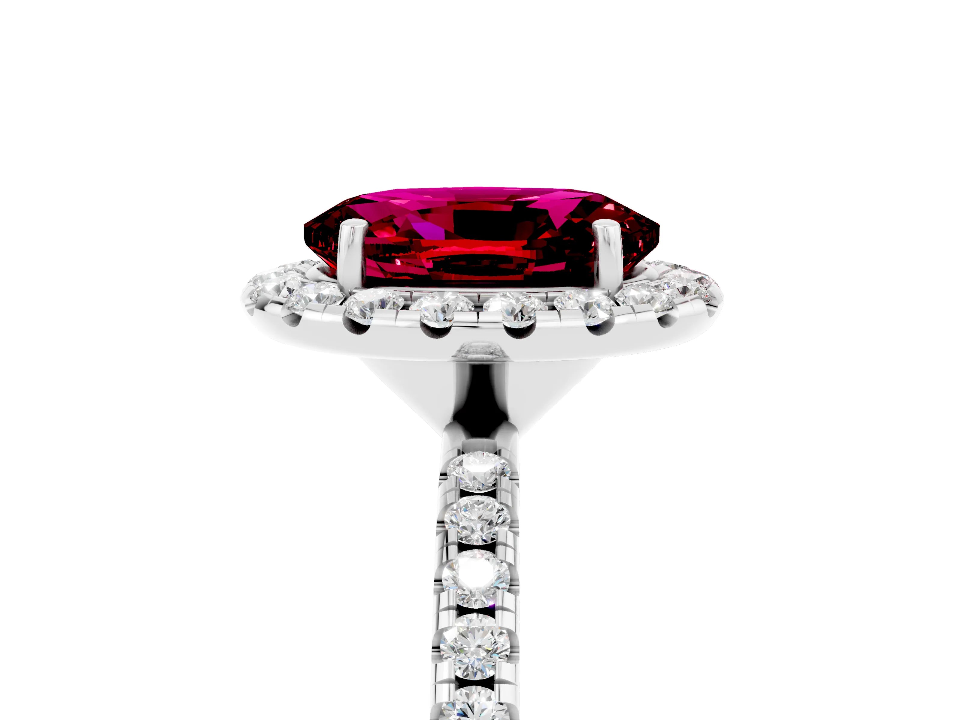 White gold Oval Cut Cut Diamond Floral Halo Engagement Ring with Pavé Band and Prong Setting_5