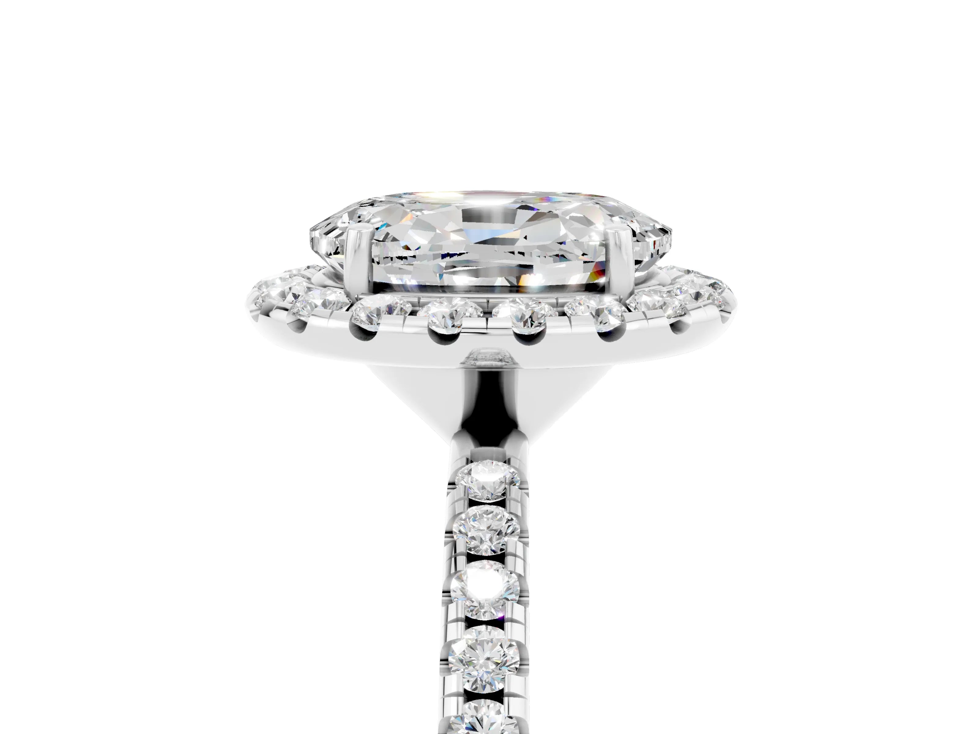 White gold Oval Cut Cut Diamond Floral Halo Engagement Ring with Pavé Band and Prong Setting_5