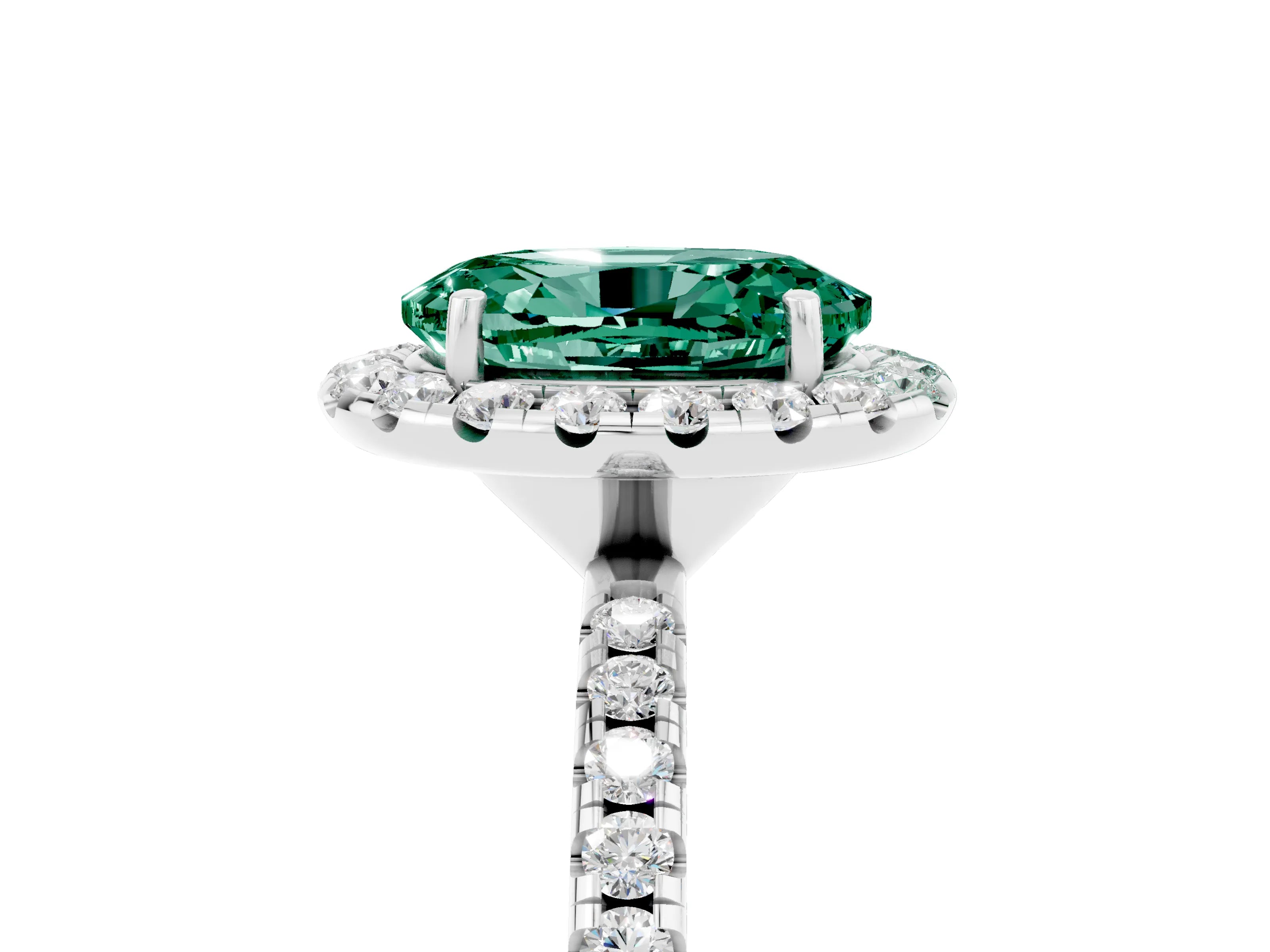 White gold Oval Cut Cut Diamond Floral Halo Engagement Ring with Pavé Band and Prong Setting_5