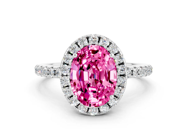 Platinum Oval Cut Cut Diamond Floral Halo Engagement Ring with Pavé Band and Prong Setting