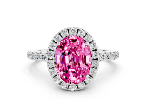 White gold Oval Cut Cut Diamond Floral Halo Engagement Ring with Pavé Band and Prong Setting