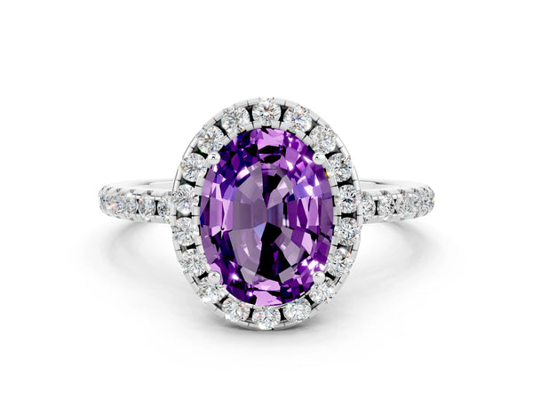 Platinum Oval Cut Cut Diamond Floral Halo Engagement Ring with Pavé Band and Prong Setting
