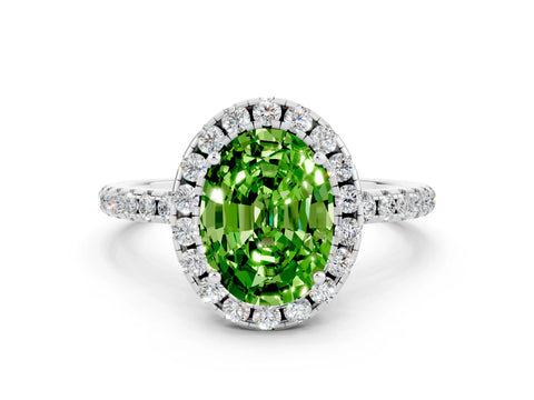 White gold Oval Cut Cut Diamond Floral Halo Engagement Ring with Pavé Band and Prong Setting