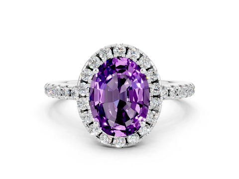 White gold Oval Cut Cut Diamond Floral Halo Engagement Ring with Pavé Band and Prong Setting