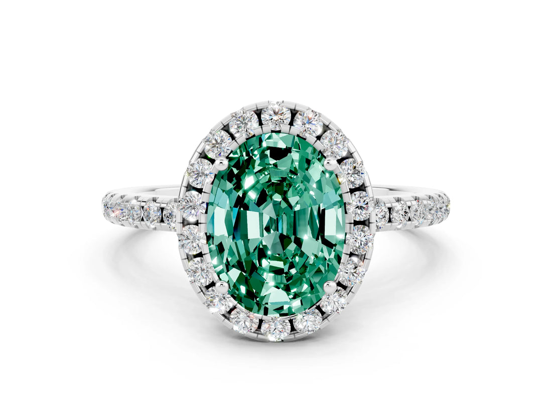 White gold Oval Cut Cut Diamond Floral Halo Engagement Ring with Pavé Band and Prong Setting