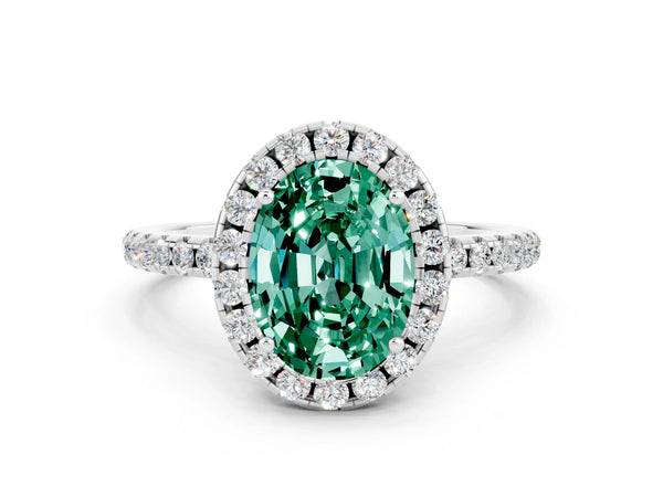 Silver Oval Cut Green Sapphire Halo Engagement Ring with Round Pavé Band and Prong Setting
