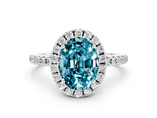 Silver Oval Cut Cut Diamond Floral Halo Engagement Ring with Pavé Band and Prong Setting