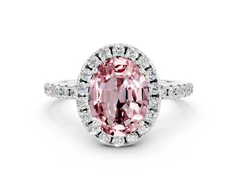 White gold Oval Cut Cut Diamond Floral Halo Engagement Ring with Pavé Band and Prong Setting