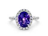 White gold Oval Cut Cut Diamond Floral Halo Engagement Ring with Pavé Band and Prong Setting