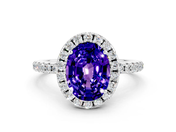 White gold Oval Cut Tanzanite Halo Engagement Ring with Round Pavé Band and Prong Setting