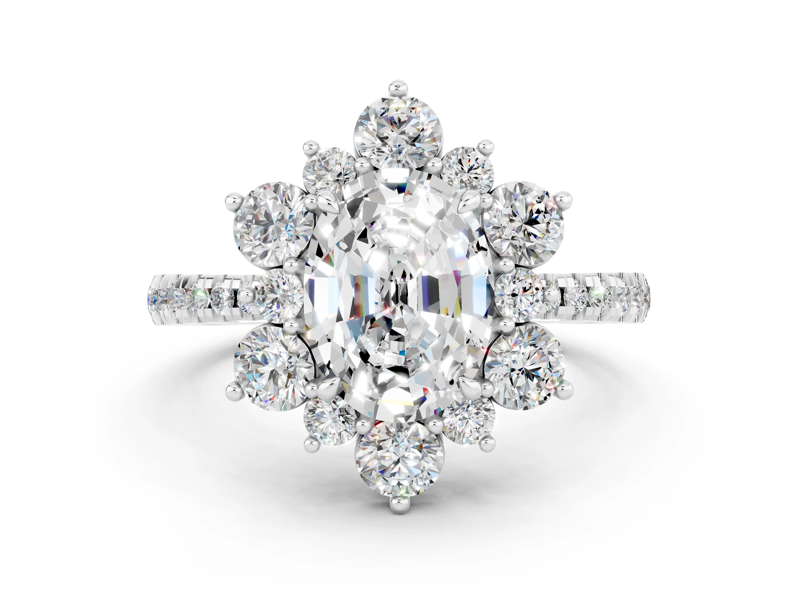 White gold Oval Cut Cut Diamond Floral Halo Pave Band with Prong Setting