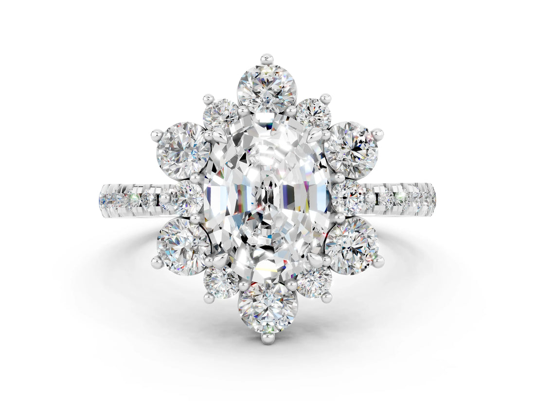 White gold Oval Cut Cut Diamond Floral Halo Pave Band with Prong Setting