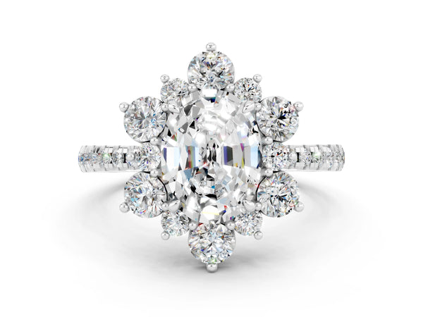 Platinum Oval Cut Moissanite Floral Halo Ring with Round Pavé Band and Prong Setting