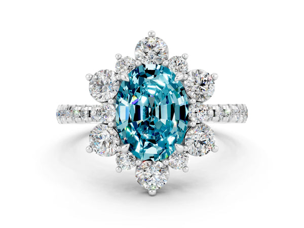 Silver Oval Cut Cut Diamond Floral Halo Pave Band with Prong Setting